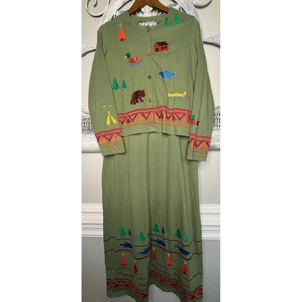 Michael Simon Lite Womens Green Embroidered Camp Cabin Maxi Dress Cardigan Set L